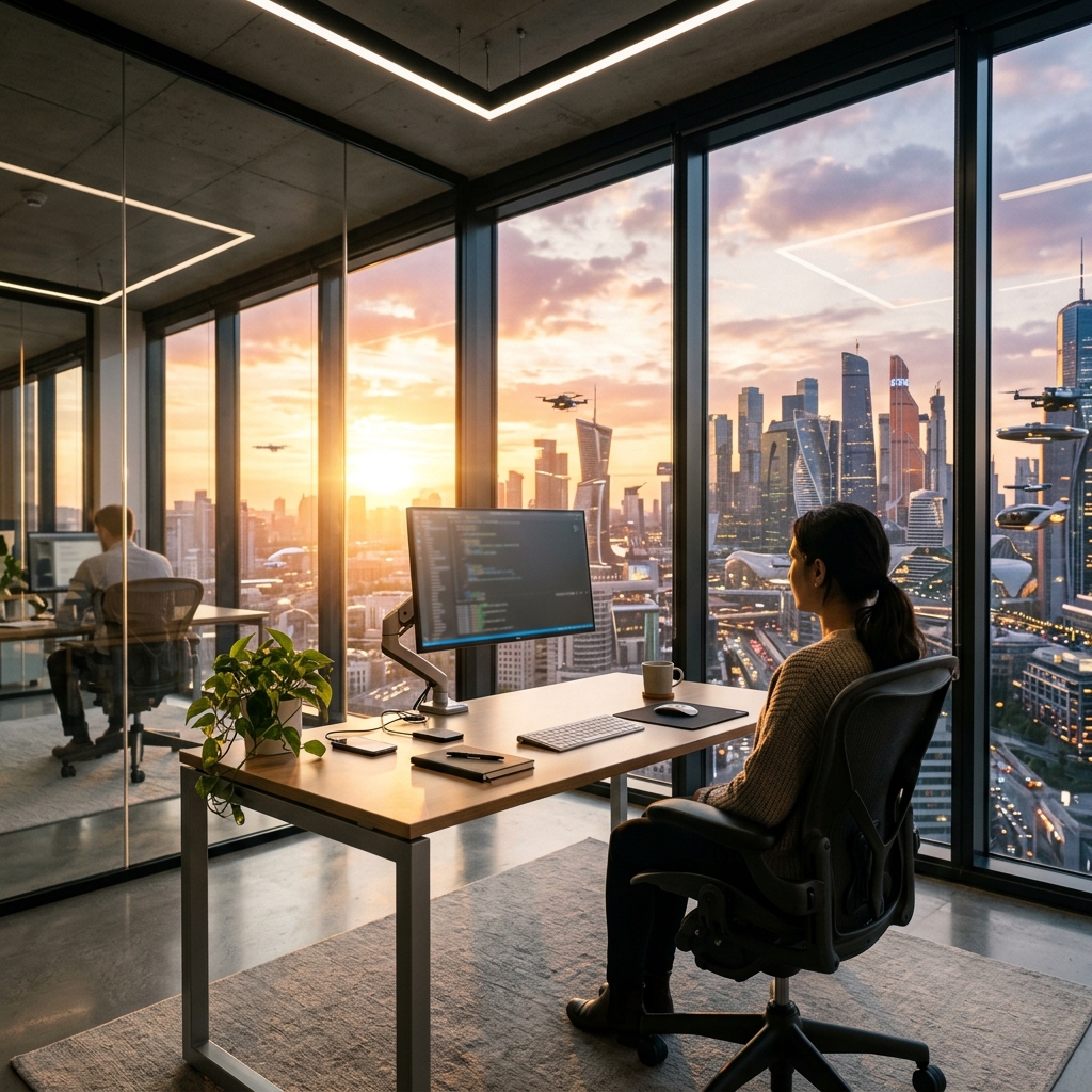 AI generated image of a modern office workspace overlooking a futuristic city skyline at sunset
