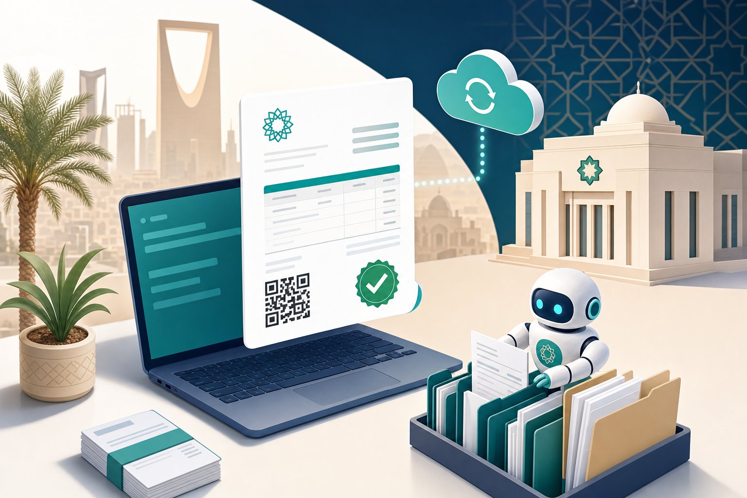 رسم توضيحي لفاتورة إلكترونية برمز QR مرتبطة بمنصة فاتورة ووكيل ذكي ينظم الفواتير