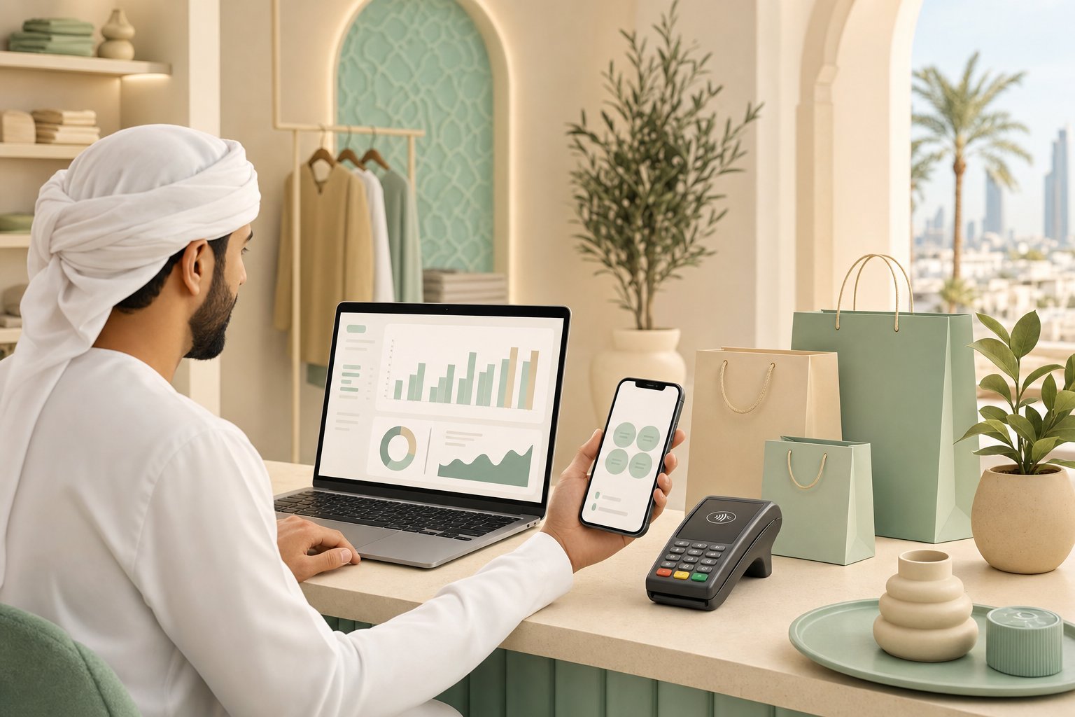 تاجر يتابع مبيعات تابي اعمال على لوحة تحكم في الحاسوب ودفعات مقسمة على الجوال