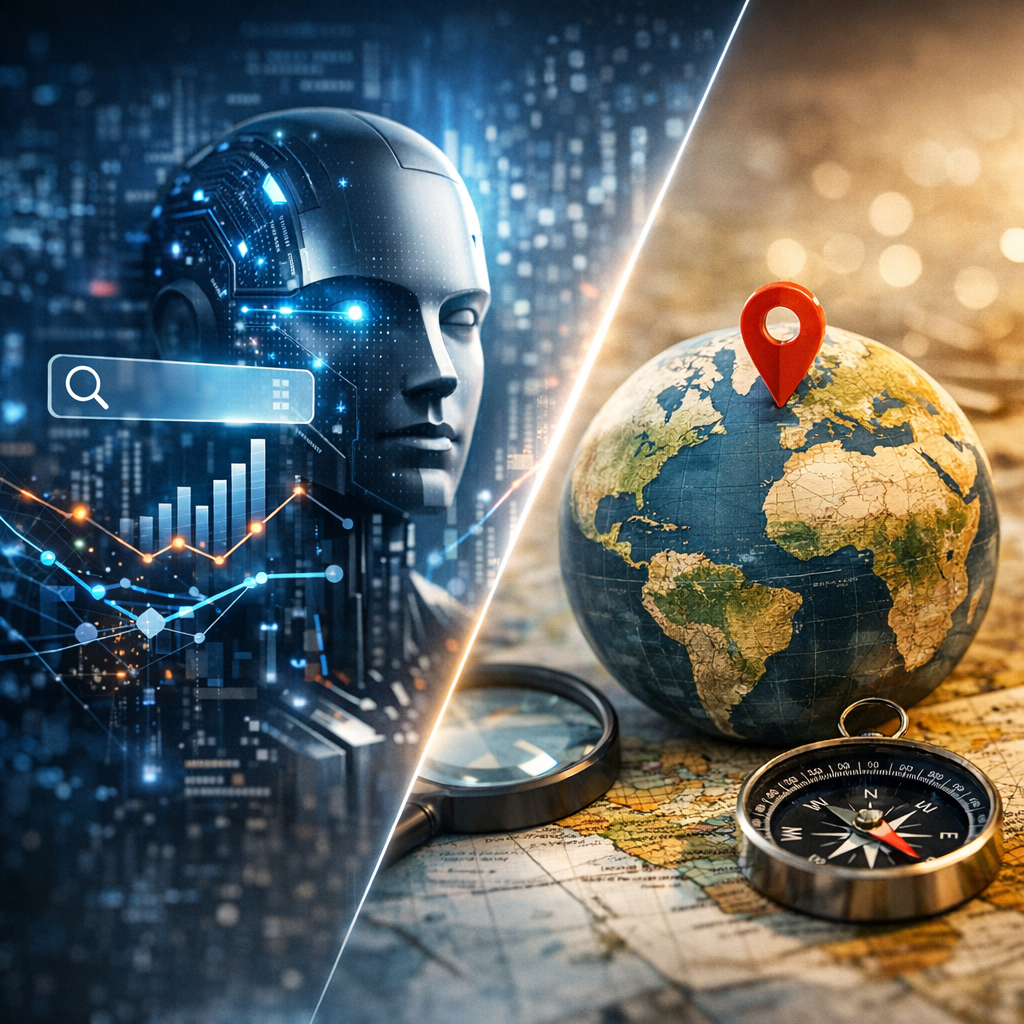 Create a high-end, photorealistic blog featured image for the section: 'The Strategic Pivot: Defining AI SEO and GEO'.
Context: Article Topic is 'AI SEO Mastery: The 2026 Guide to GEO & AI Search Ranking'. content snippet: The Strategic Pivot: Defining AI SEO and GEO
The transition from classic Search Engine Optimization (SEO) to AI SEO is not optional; it is the fundame...
Design Guidelines:
1. Style: Modern, clean, professional, and photorealistic. No cartoons.
2. Text: MINIMAL to NO text. If text is absolutely necessary, it MUST be in the SAME language as the section title ('The Strategic Pivot: Defining AI SEO and GEO').
3. Relevance: Visually represent the core concept of the section title.
