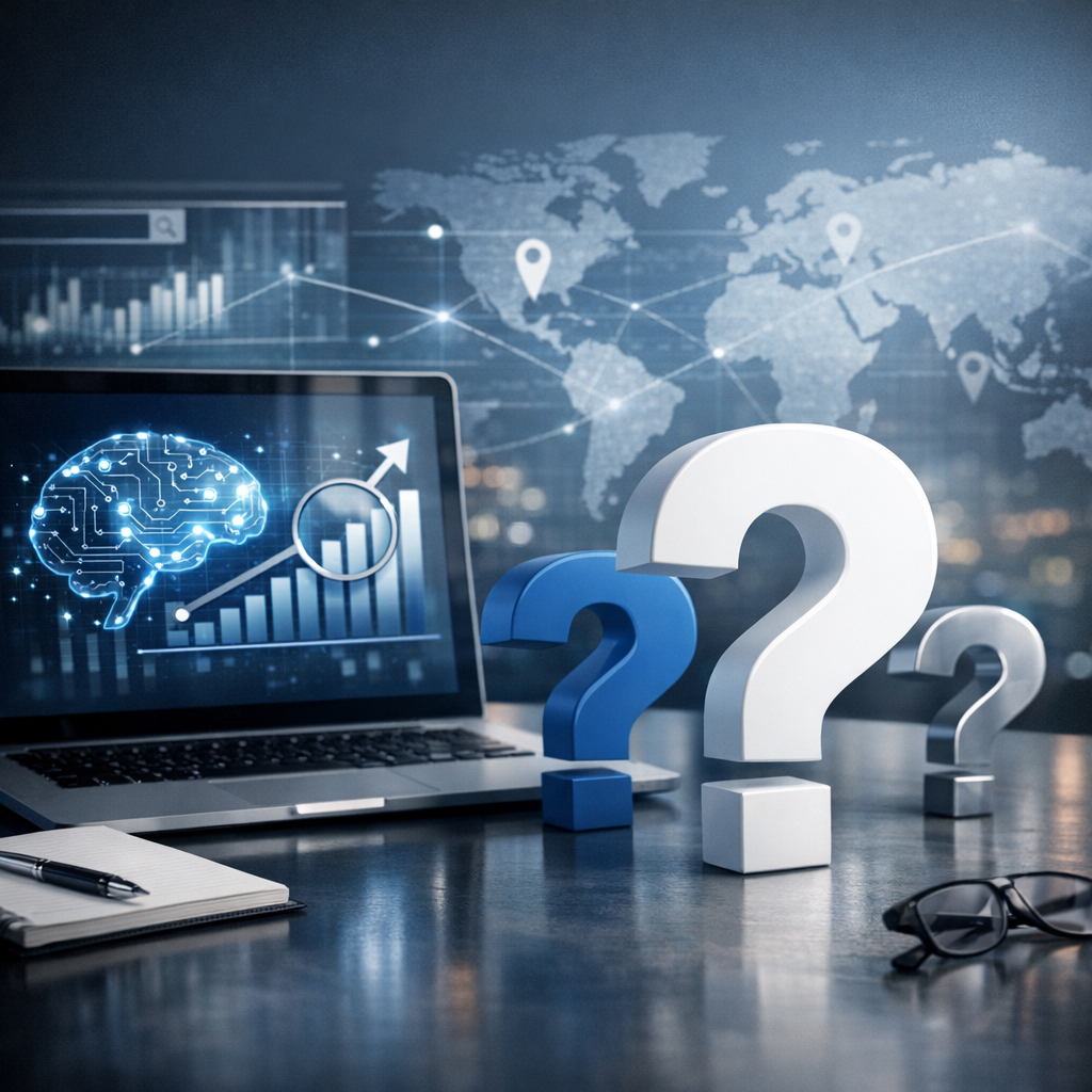 Create a high-end, photorealistic blog featured image for the section: 'Frequently Asked Questions'.
Context: Article Topic is 'AI SEO Mastery: The 2026 Guide to GEO & AI Search Ranking'. content snippet: Frequently Asked Questions About AI SEO and GEO

The shift to Generative Engine Optimisation (GEO) raises immediate questions for marketers accustomed...
Design Guidelines:
1. Style: Modern, clean, professional, and photorealistic. No cartoons.
2. Text: MINIMAL to NO text. If text is absolutely necessary, it MUST be in the SAME language as the section title ('Frequently Asked Questions').
3. Relevance: Visually represent the core concept of the section title.
