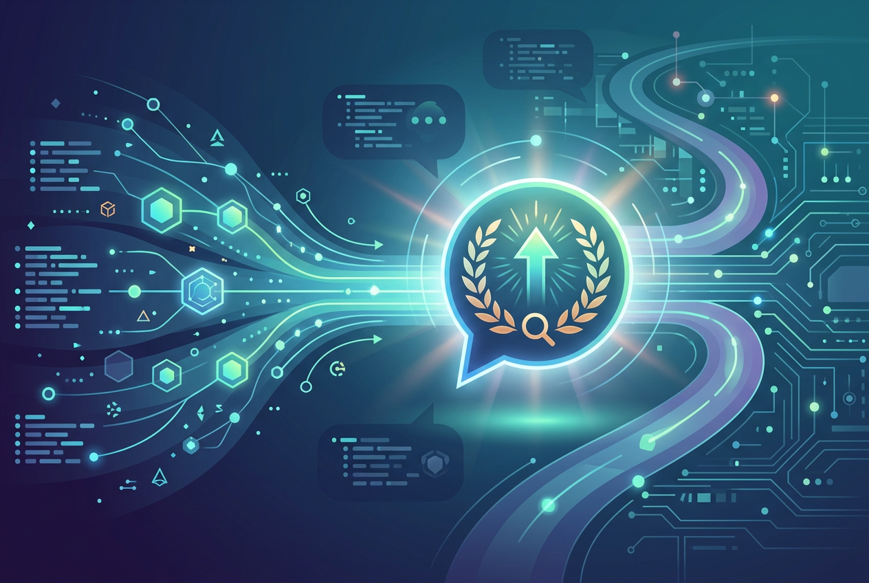 Digital illustration depicting data flow and connectivity, featuring glowing blue and green hexagonal nodes and circuit board patterns. A central speech bubble contains a glowing upward arrow surrounded by a laurel wreath and a magnifying glass icon, symbolizing achievement and search ranking success.