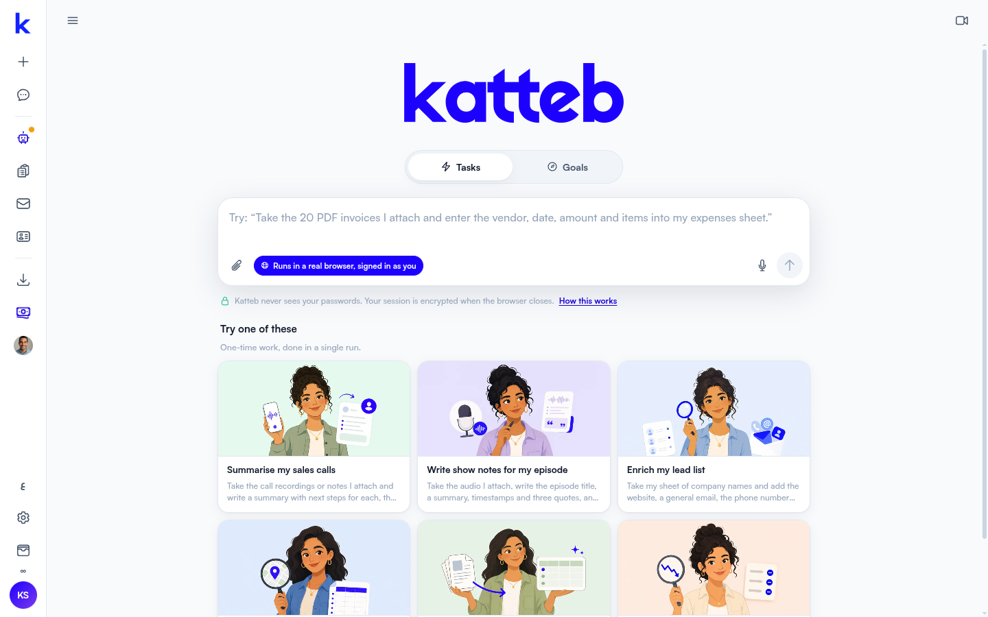 Katteb composer showing the label Runs in a real browser, signed in as you
