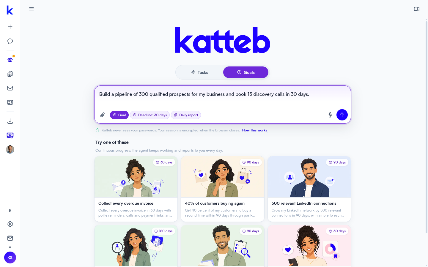 Katteb goal composer with a goal typed in, a deadline and a daily report option