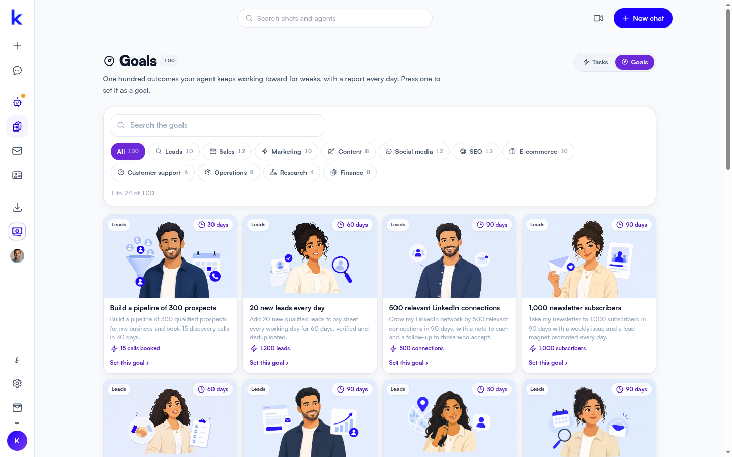 Katteb Goals library showing goals such as Build a pipeline of 300 prospects and 20 new leads every day