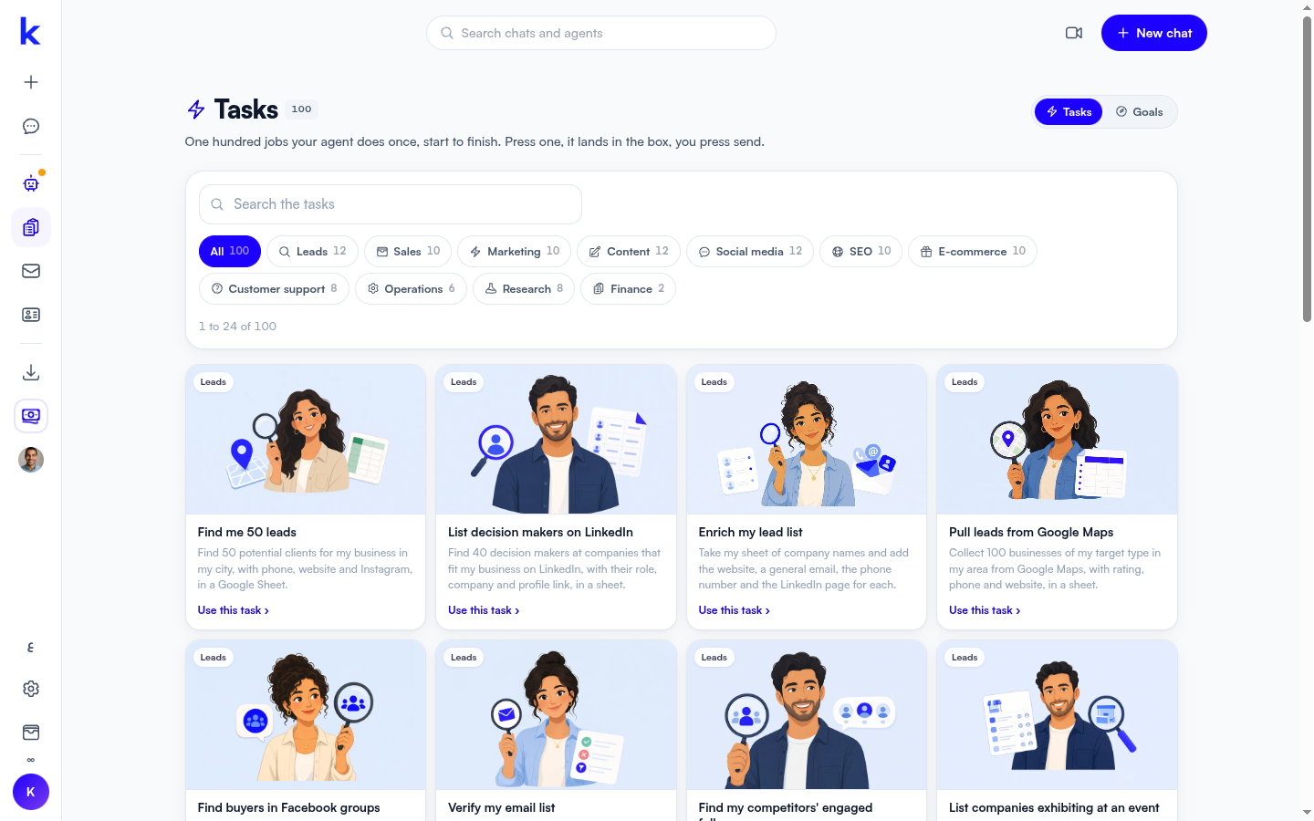 Katteb tasks library showing one-time jobs an agent can run
